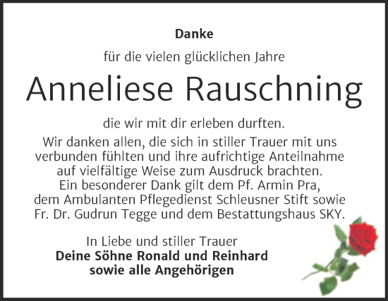 Traueranzeige von Anneliese Rauschning von Trauerkombi Wittenberg