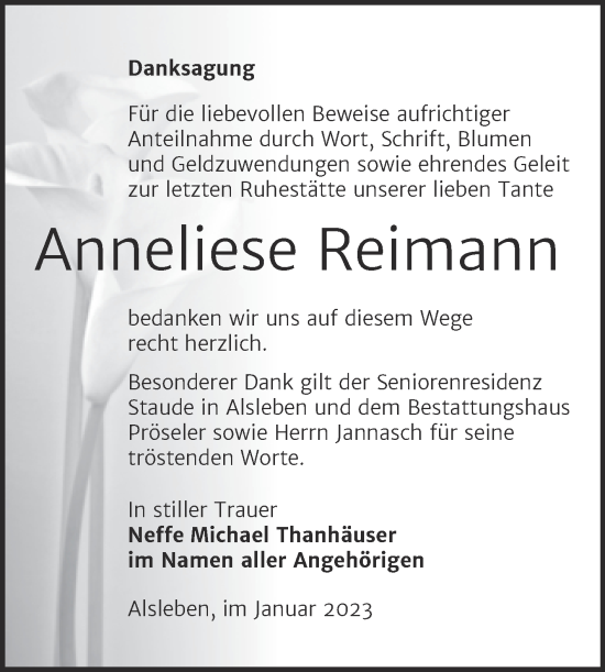 Traueranzeige von Anneliese Reimann von Trauerkombi Bernburg