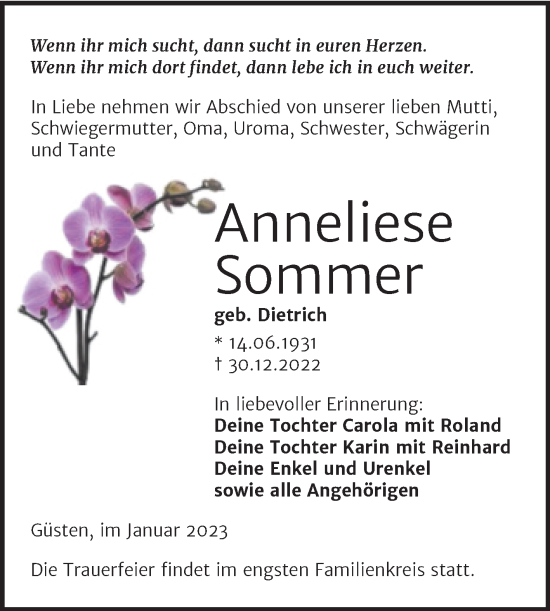 Traueranzeige von Anneliese Sommer von Trauerkombi Aschersleben