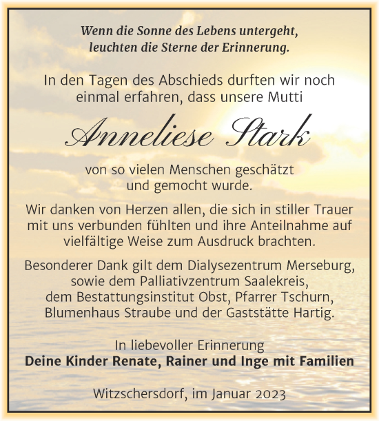 Traueranzeige von Anneliese Stark von Trauerkombi Merseburg