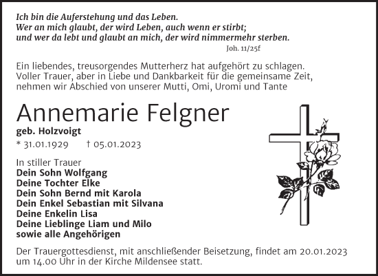 Traueranzeige von Annemarie Felgner von Trauerkombi Dessau