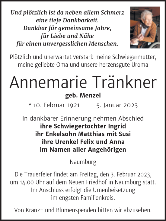 Traueranzeige von Annemarie Tränkner von Naumburger Tageblatt