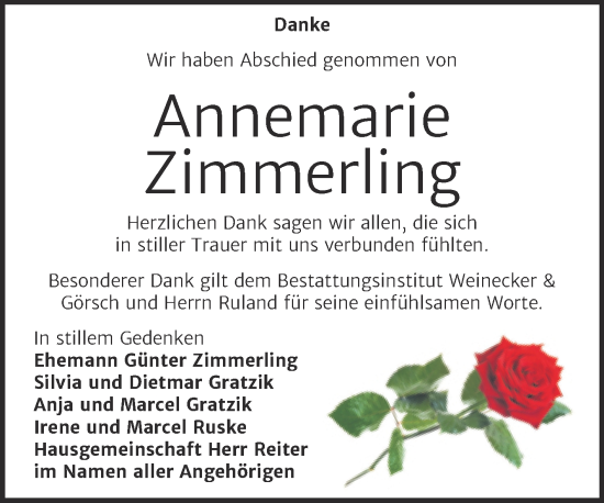Traueranzeige von Annemarie Zimmerling von Trauerkombi Bernburg