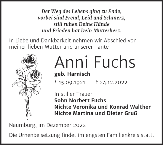 Traueranzeige von Anni Fuchs von Wochenspiegel Naumburg/Nebra