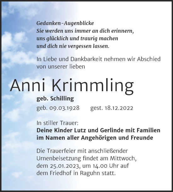 Traueranzeige von Anni Krimmling von Trauerkombi Bitterfeld