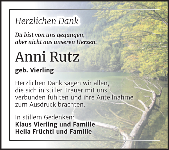 Traueranzeige von Anni Rutz von Trauerkombi Aschersleben