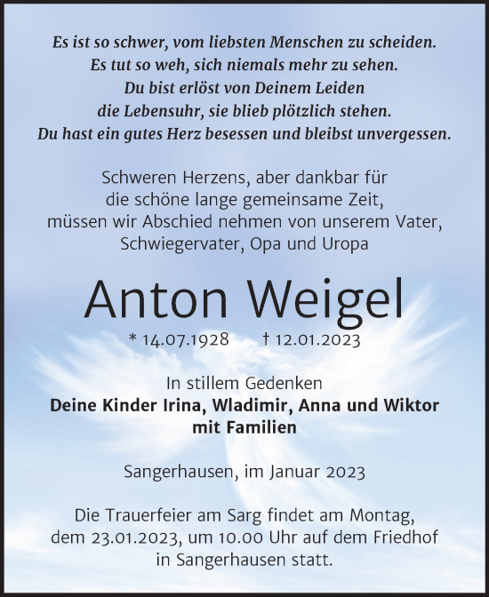 Traueranzeige von Anton Weigel von Trauerkombi Sangerhausen