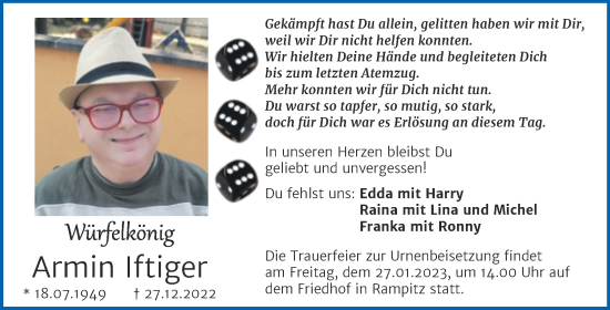 Traueranzeige von Armin Iftiger von Trauerkombi Merseburg