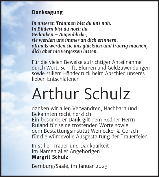 Traueranzeige von Arthur Schulz von Trauerkombi Bernburg
