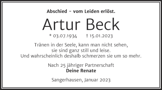 Traueranzeige von Artur Beck von Trauerkombi Sangerhausen