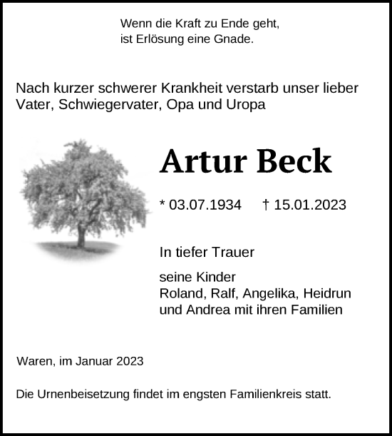 Traueranzeige von Artur Beck von Mitteldeutsche Zeitung Sangerhausen