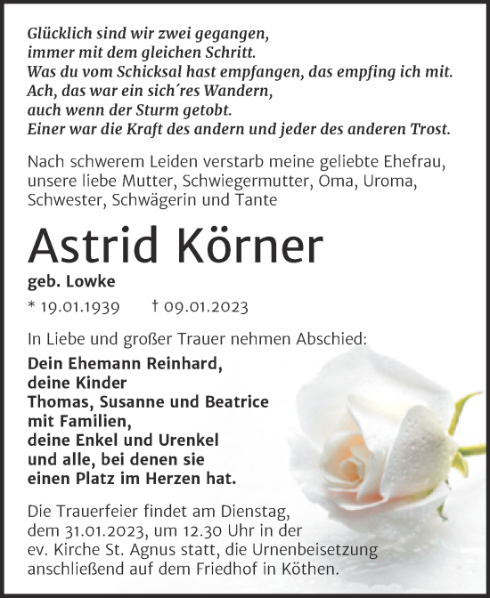 Traueranzeige von Astrid Körner von Trauerkombi Köthen