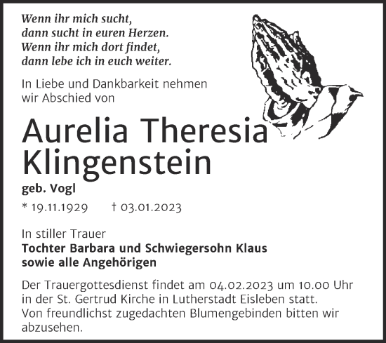 Traueranzeige von Aurelia Theresia Klingenstein von Trauerkombi Mansfelder Land