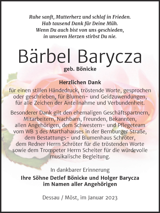Traueranzeige von Bärbel Barycza von Trauerkombi Bitterfeld