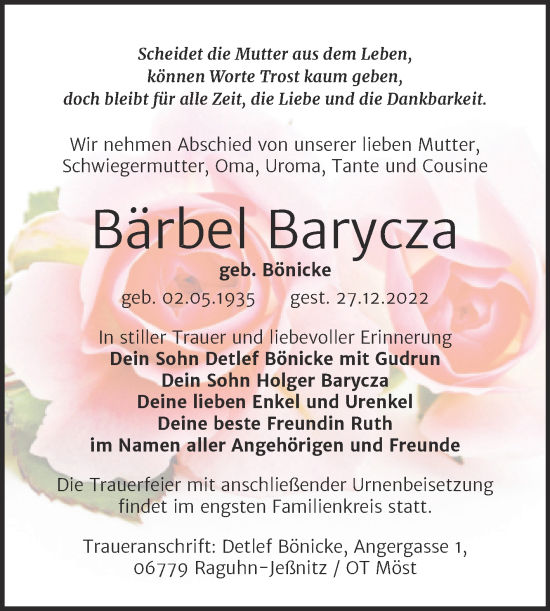 Traueranzeige von Bärbel Barycza von Trauerkombi Bitterfeld