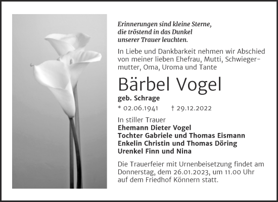 Traueranzeige von Bärbel Vogel von Trauerkombi Bernburg