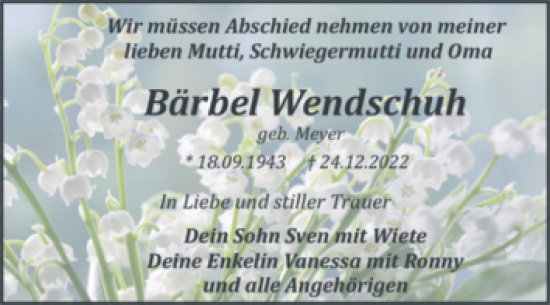 Traueranzeige von Bärbel Wendschuh von Trauerkombi Dessau
