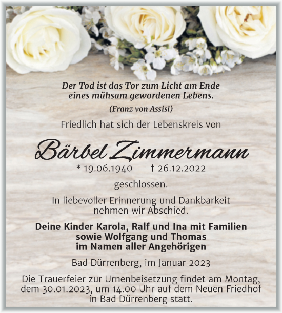 Traueranzeige von Bärbel Zimmermann von Trauerkombi Merseburg