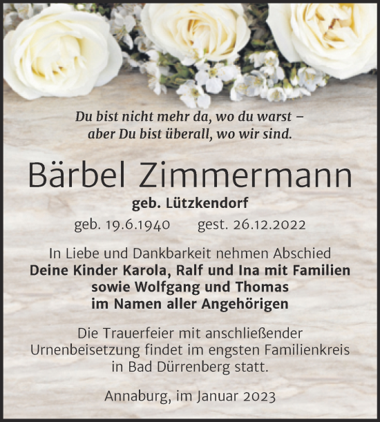 Traueranzeige von Bärbel Zimmermann von Mitteldeutsche Zeitung