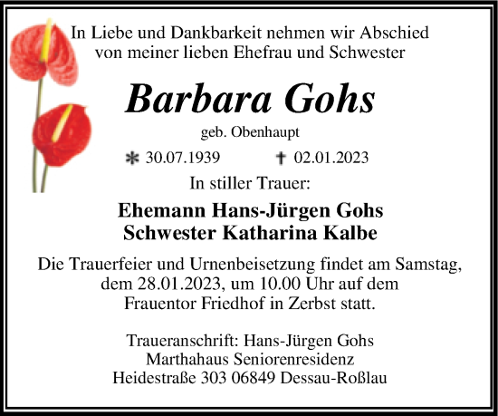 Traueranzeige von Barbara Gohs von Trauerkombi Dessau