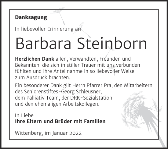 Traueranzeige von Barbara Steinborn von Trauerkombi Wittenberg