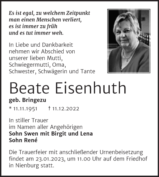 Traueranzeige von Beate Eisenhuth von Trauerkombi Bernburg