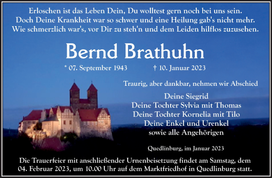 Traueranzeige von Bernd Brathuhn von Trauerkombi Quedlinburg