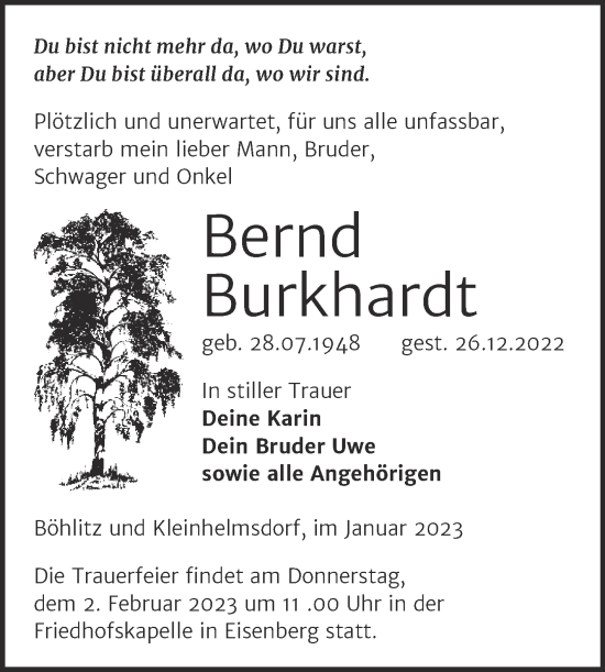 Traueranzeige von Bernd Burkhardt von Trauerkombi Zeitz