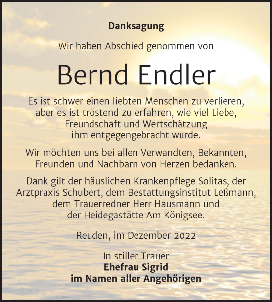 Traueranzeige von Bernd Endler von Trauerkombi Wittenberg