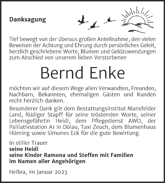 Traueranzeige von Bernd Enke von Trauerkombi Mansfelder Land