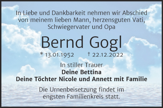 Traueranzeige von Bernd Gogl von Trauerkombi Weißenfels