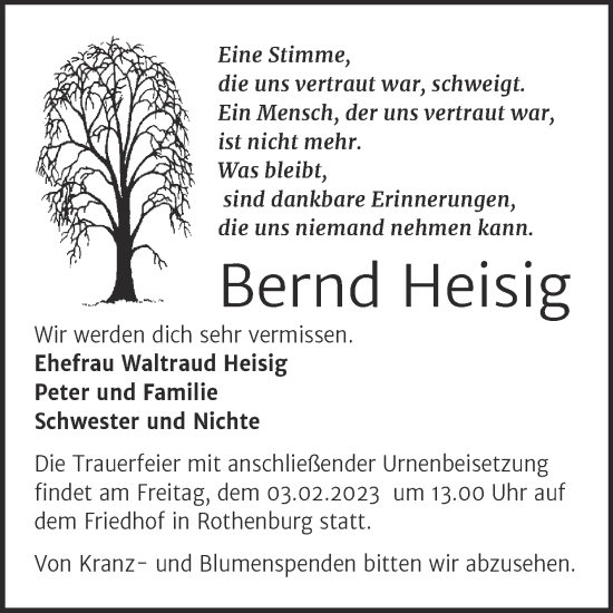 Traueranzeige von Bernd Helmut Heisig von Mitteldeutsche Zeitung Halle/Saalkreis