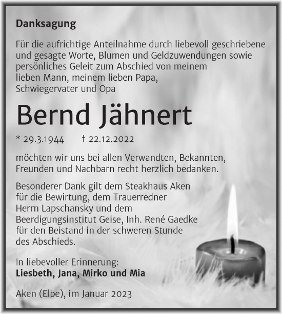 Traueranzeige von Bernd Jähnert von Trauerkombi Köthen