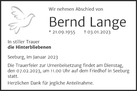 Traueranzeige von Bernd Lange von Trauerkombi Mansfelder Land
