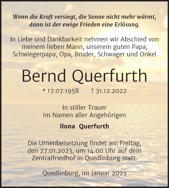 Traueranzeige von Bernd Querfurth von Trauerkombi Quedlinburg