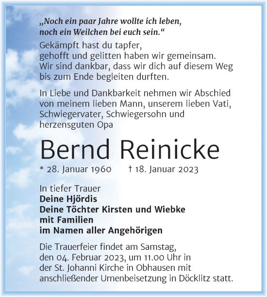 Traueranzeige von Bernd Reinicke von Trauerkombi Merseburg