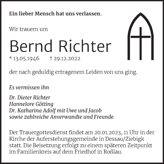 Traueranzeige von Bernd Richter von Mitteldeutsche Zeitung Dessau-Roßlau