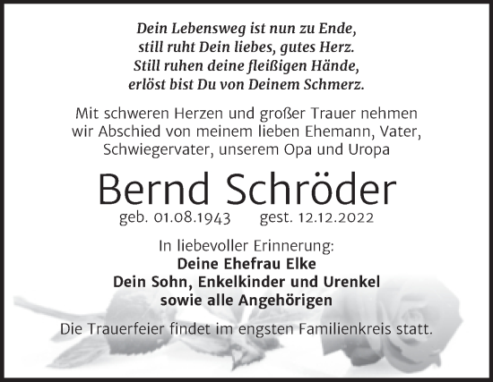 Traueranzeige von Bernd Schröder von Trauerkombi Bitterfeld