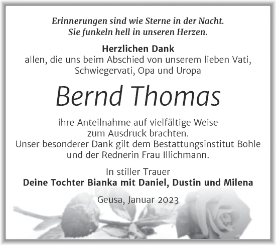 Traueranzeige von Bernd Thomas von Trauerkombi Merseburg