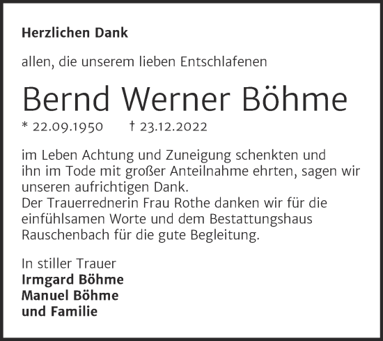 Traueranzeige von Bernd Werner Böhme von Wochenspiegel Naumburg/Nebra