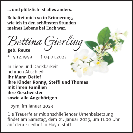 Traueranzeige von Bettina Gierling von Trauerkombi Aschersleben