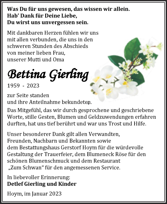Traueranzeige von Bettina Gierling von Trauerkombi Aschersleben