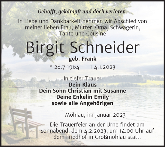 Traueranzeige von Birgit Schneider von Trauerkombi Wittenberg