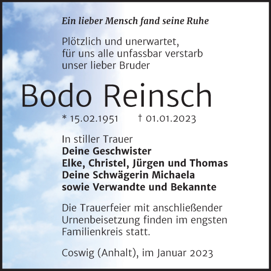 Traueranzeige von Bodo Reinsch von Trauerkombi Wittenberg