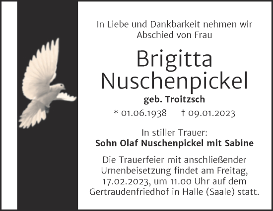 Traueranzeige von Brigitta Nuschenpickel von Mitteldeutsche Zeitung Halle/Saalkreis