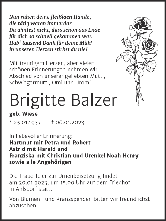 Traueranzeige von Brigitte Balzer von Trauerkombi Mansfelder Land
