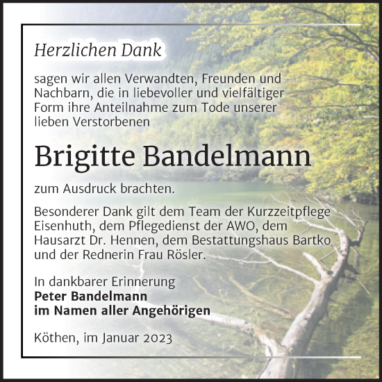 Traueranzeige von Brigitte Bandelmann von Trauerkombi Köthen