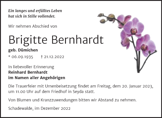 Traueranzeige von Brigitte Bernhardt von Trauerkombi Wittenberg