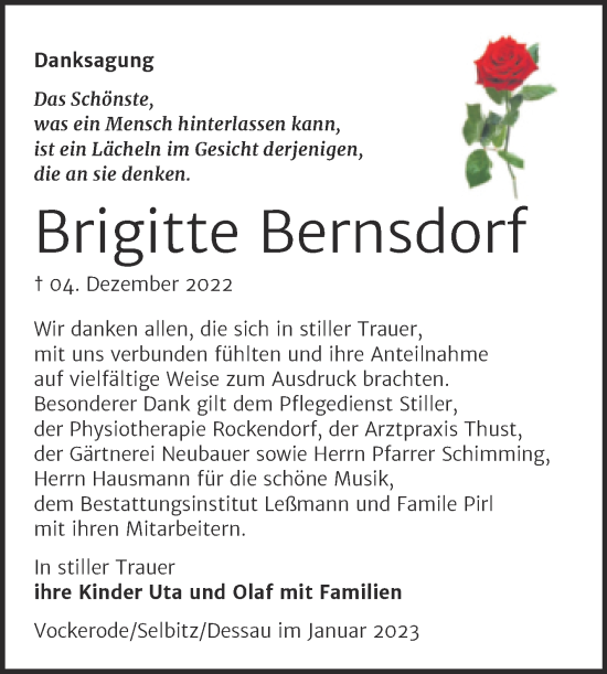 Traueranzeige von Brigitte Bernsdorf von Trauerkombi Wittenberg