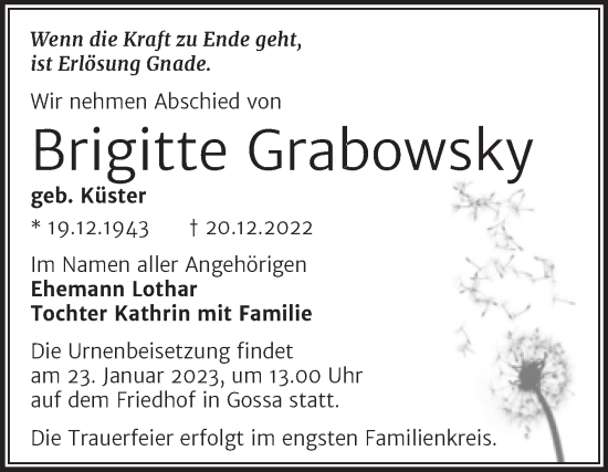 Traueranzeige von Brigitte Grabowsky von Trauerkombi Bitterfeld